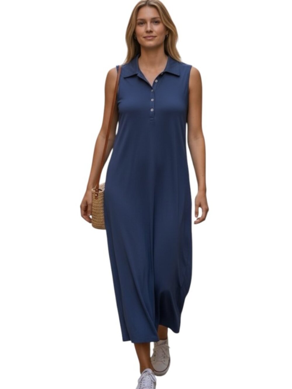 TravelSmith Womens Midi Dress M Blue Sleeveless Polo Travel Casual